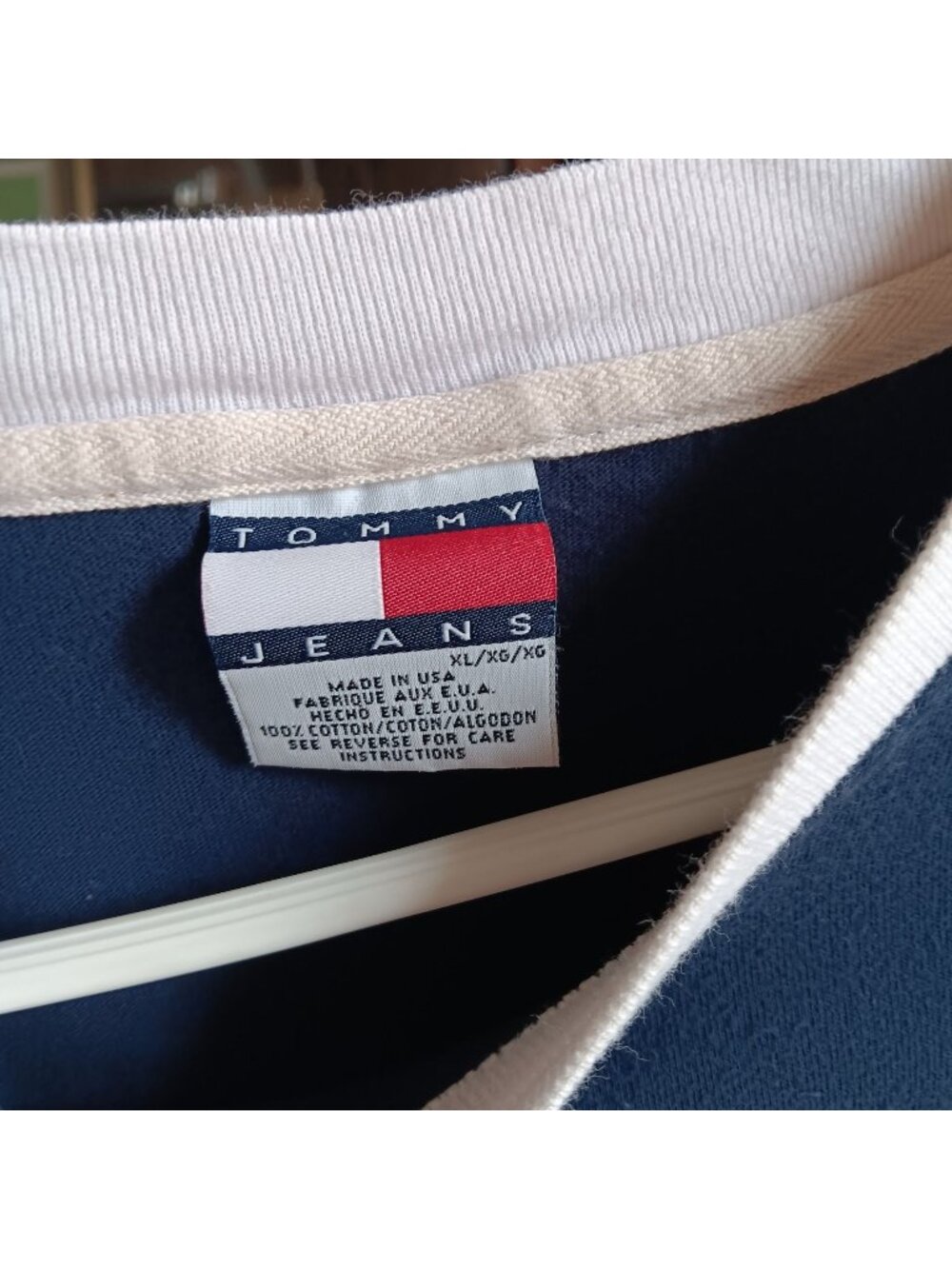 XL Vintage Ringer T-shirt Tommy Jeans Blue 100% Cotton Made USA Logo Embroidered